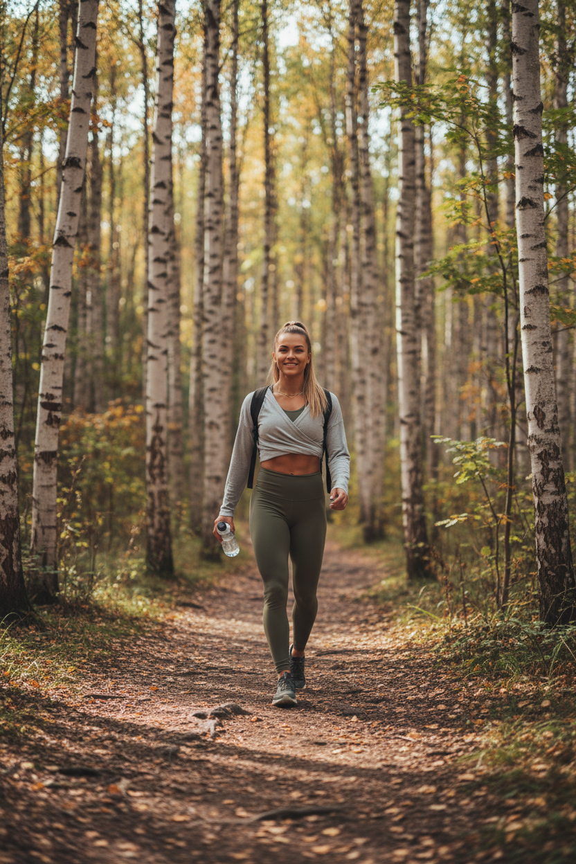 Olive Green leggingsit koivumetsässä